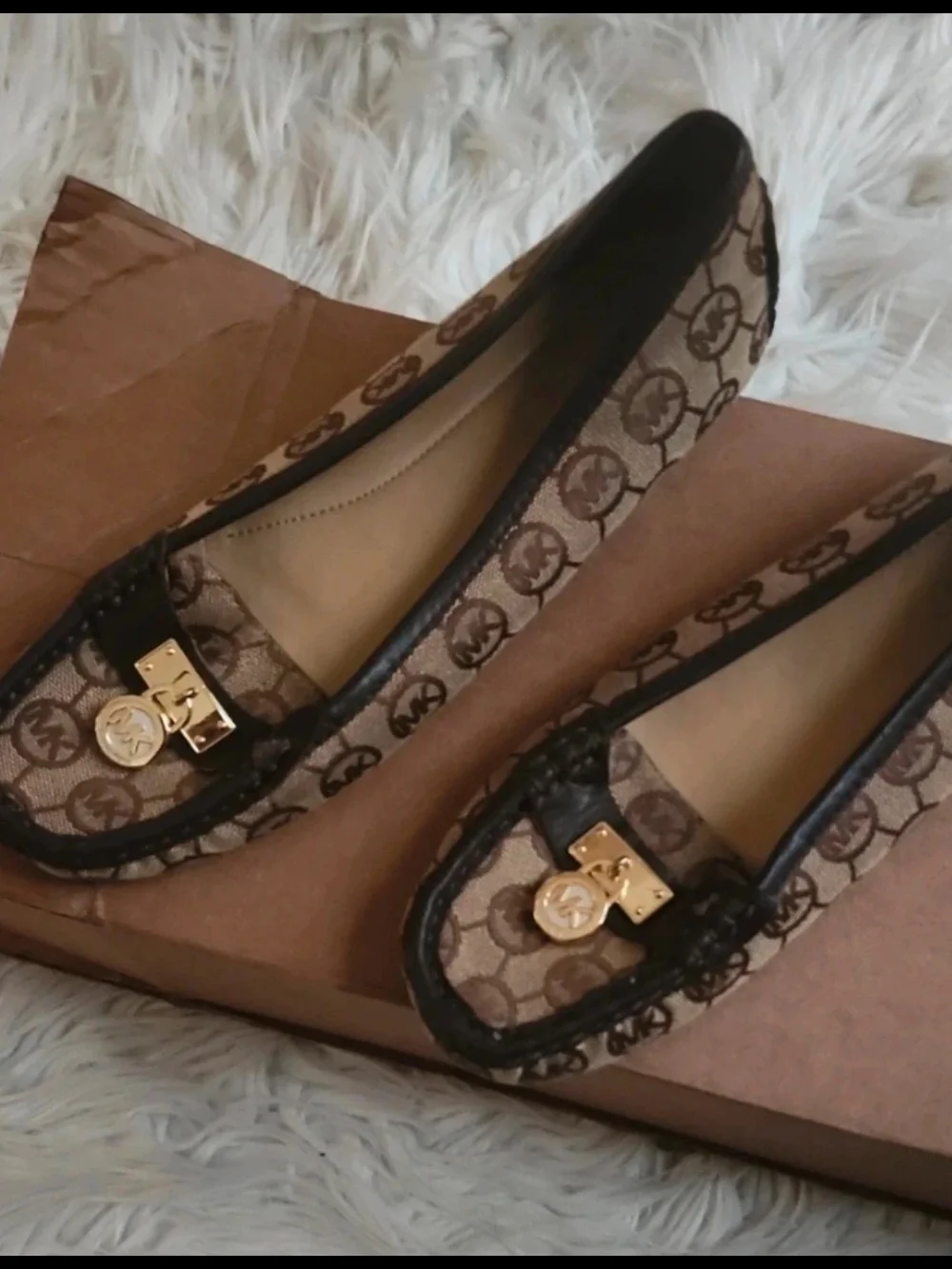 Michael Kors Brown MK Logo Moccasin Flats with Gold Hardware